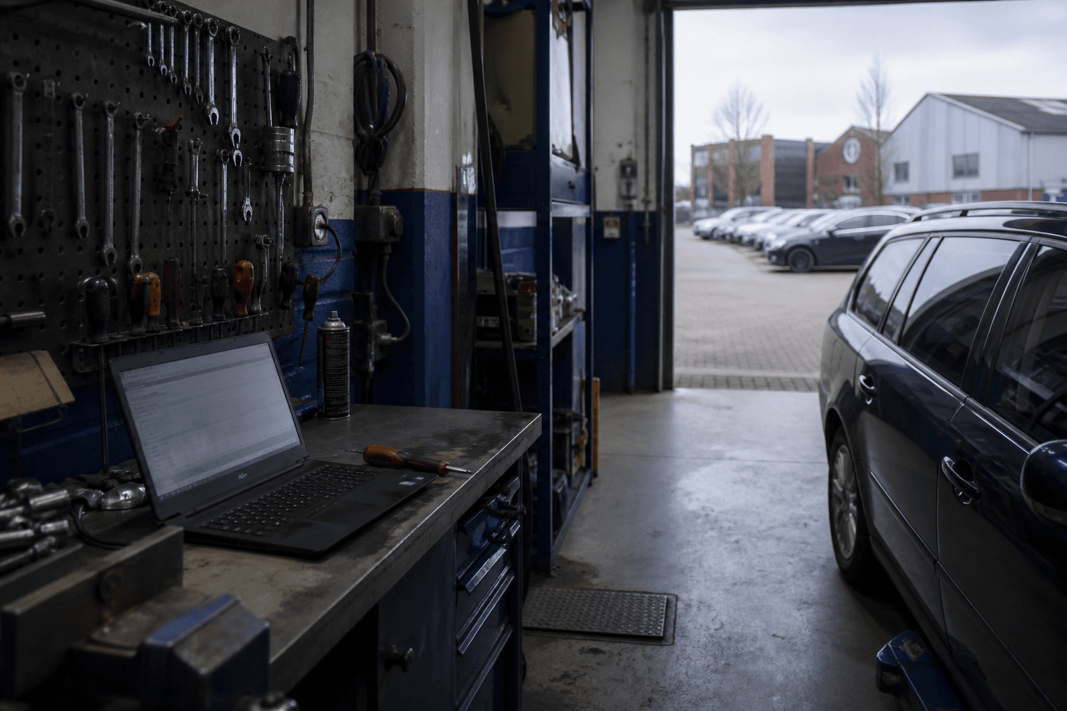 Conceptbeeld van diagnoseapparatuur in een kleinschalige autowerkplaats